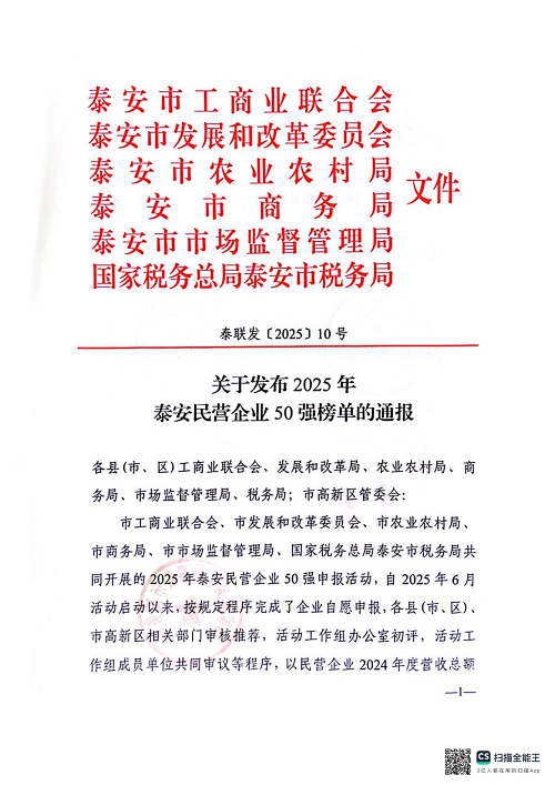 一滕集團榮登2025年泰安民營企業50強榜單第3名