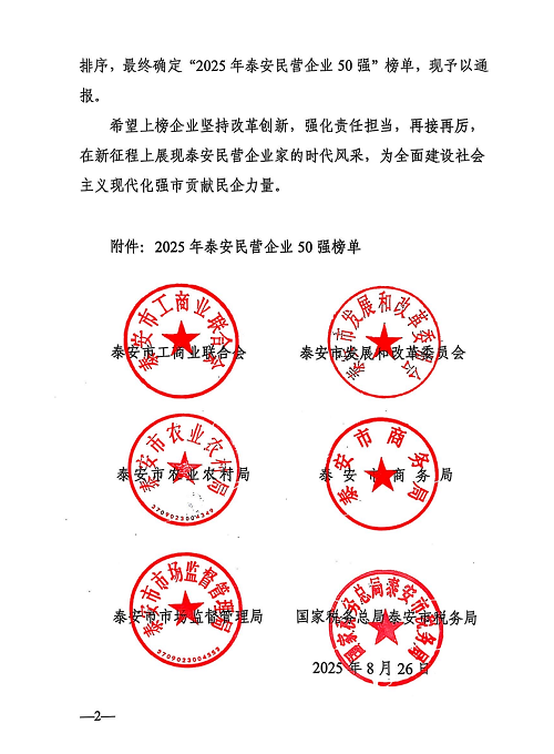 一滕集團榮登2025年泰安民營企業50強榜單第3名